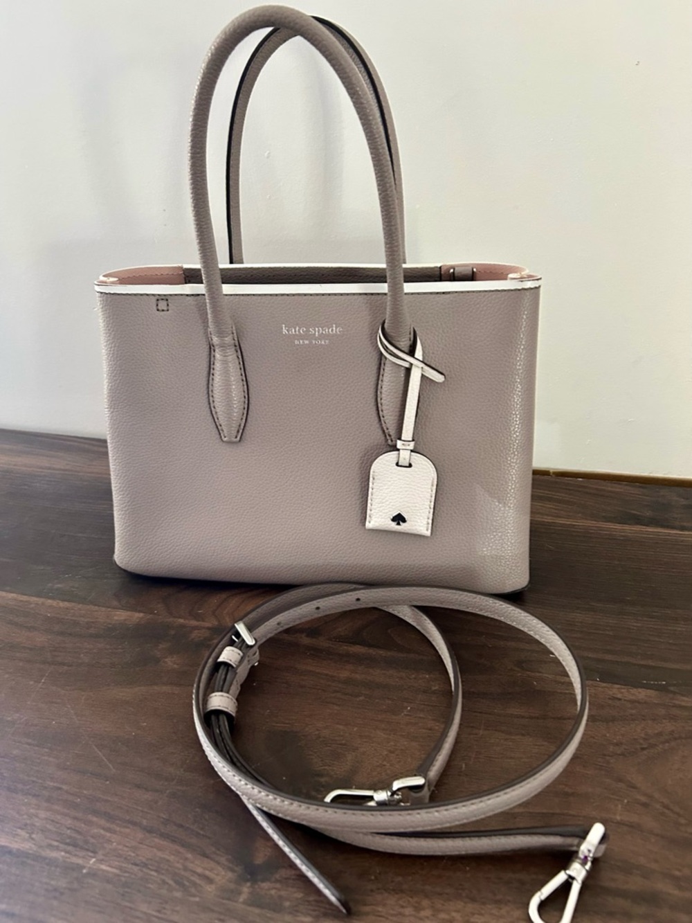 kate spade Taupe Leather Tote with White Trim and Detachable Strap